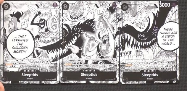 Les trois cartes Sleeptids de One Piece OP-18 formant un panorama manga