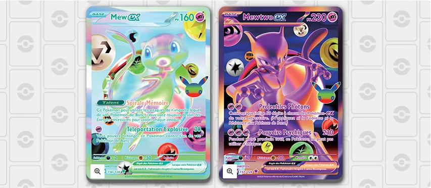 Cartes Mew-ex 158/128 et Mewtwo-ex 157/128 rareté Futuriste illustrées par YOSHIROTTEN